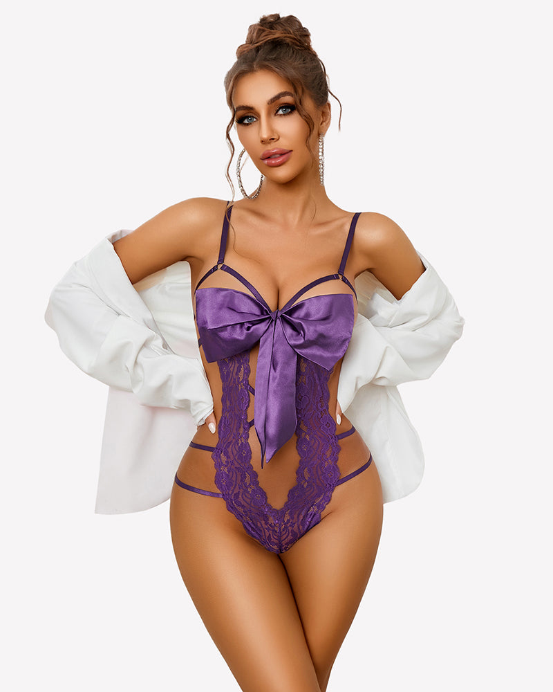 Floral Lace Teddy Bow Tie Bodysuit Lingeries-Bodysuits - Tophatter Daily Deals