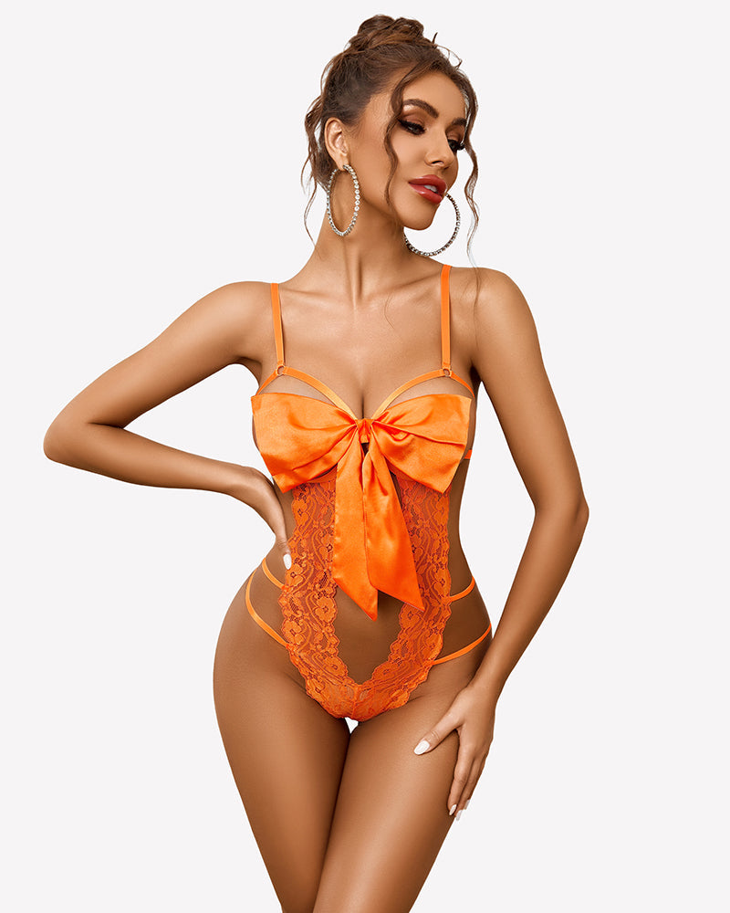 Floral Lace Teddy Bow Tie Bodysuit Orange Lingeries-Bodysuits - Tophatter Daily Deals