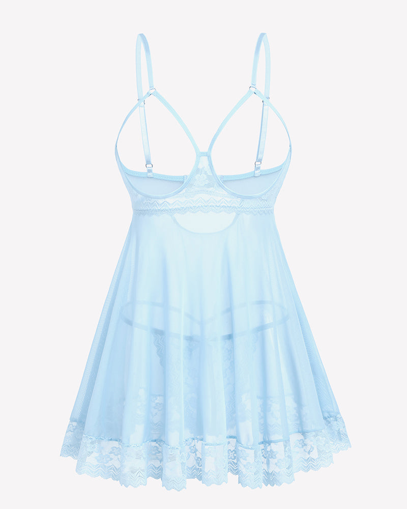Cupless Lace Babydoll Crotchless Panty Set Blue Lingerie-Babydolls - Tophatter Daily Deals