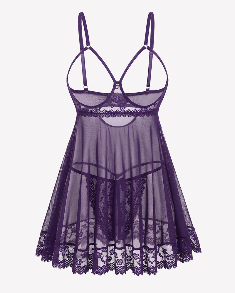 Cupless Lace Babydoll Crotchless Panty Set Purple Lingerie-Babydolls - Tophatter Daily Deals