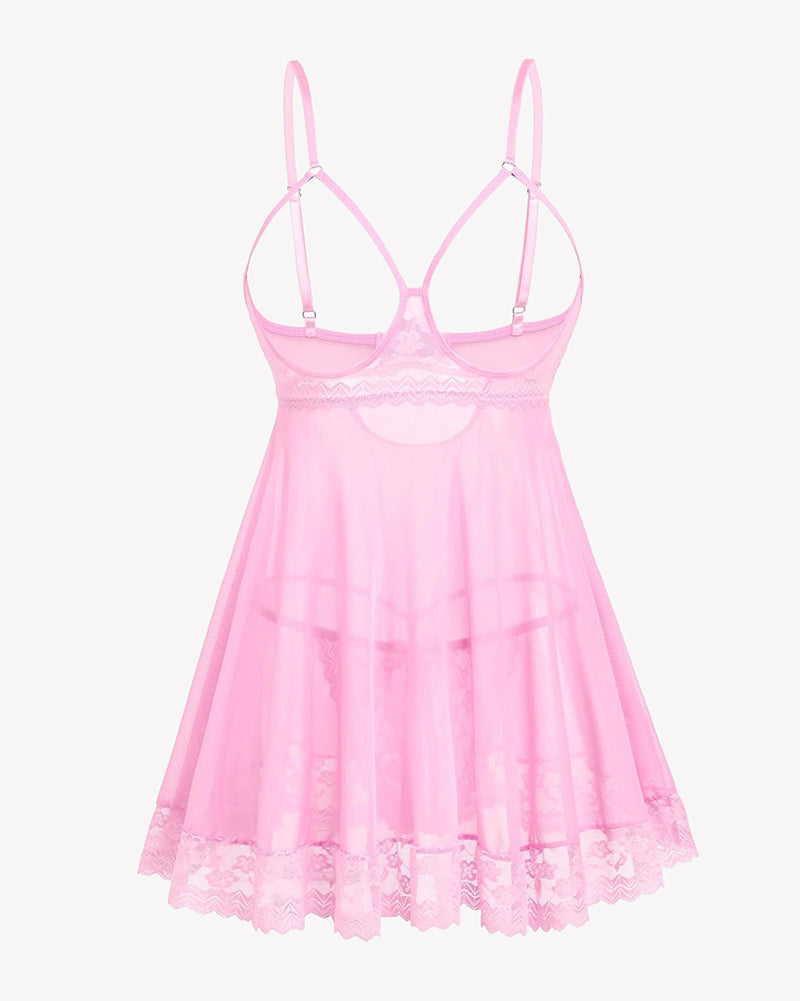 Cupless Lace Babydoll Crotchless Panty Set Pink Lingerie-Babydolls - Tophatter Daily Deals