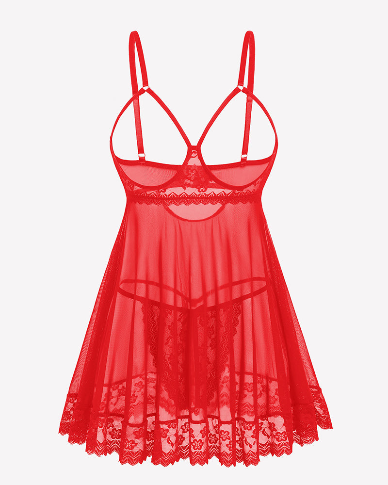 Cupless Lace Babydoll Crotchless Panty Set Red Lingerie-Babydolls - Tophatter Daily Deals