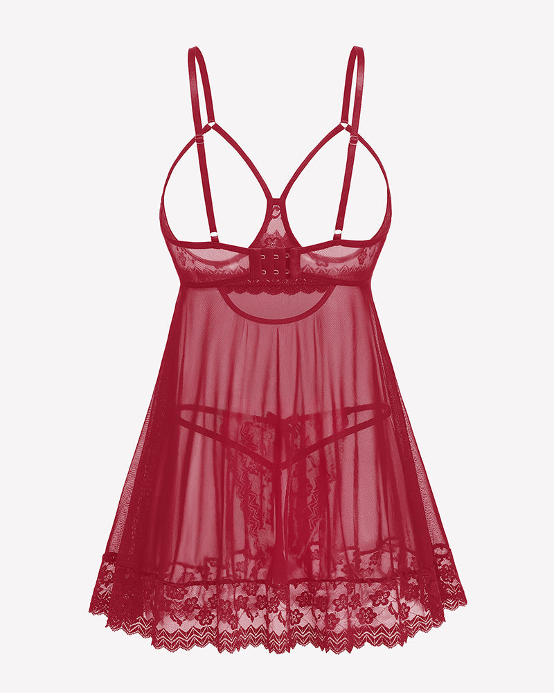 Cupless Lace Babydoll Crotchless Panty Set Wine Red Lingerie-Babydolls - Tophatter Daily Deals