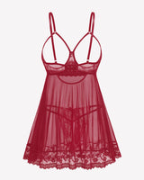 Cupless Lace Babydoll Crotchless Panty Set Wine Red Lingerie-Babydolls - Tophatter Daily Deals