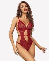 Lace Bodysuit V Neck Mini Bodysuit Wine Red Lingeries-Bodysuits - Tophatter Daily Deals
