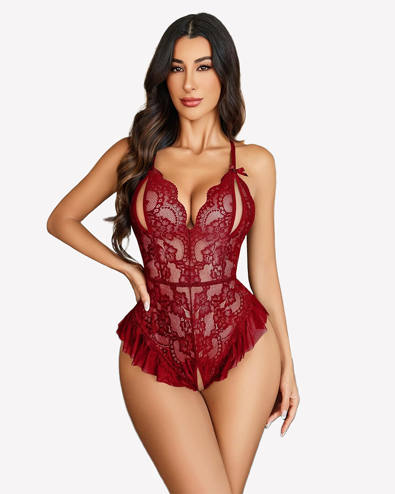 Crotchless Criss Cross Backless Bodysuit Burgundy Lingeries-Bodysuits - Tophatter Daily Deals