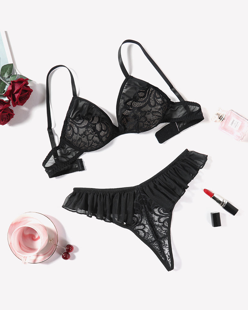 Lace Bra and Panty Sets Mesh Ruffle 2 Piece Lingerie Sets-Bra Sets - Tophatter Daily Deals