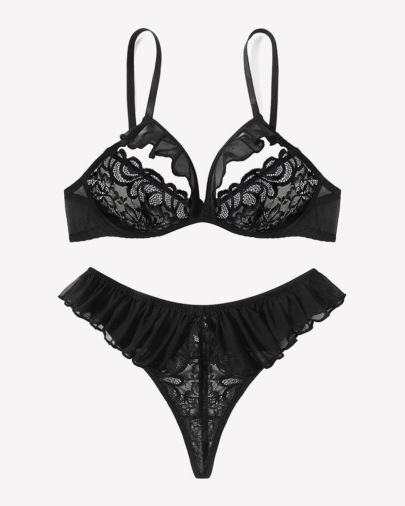Lace Bra and Panty Sets Mesh Ruffle 2 Piece Lingerie Sets-Bra Sets - Tophatter Daily Deals
