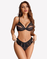 Lace Bra and Panty Sets Mesh Ruffle 2 Piece Black Lingerie Sets-Bra Sets - Tophatter Daily Deals