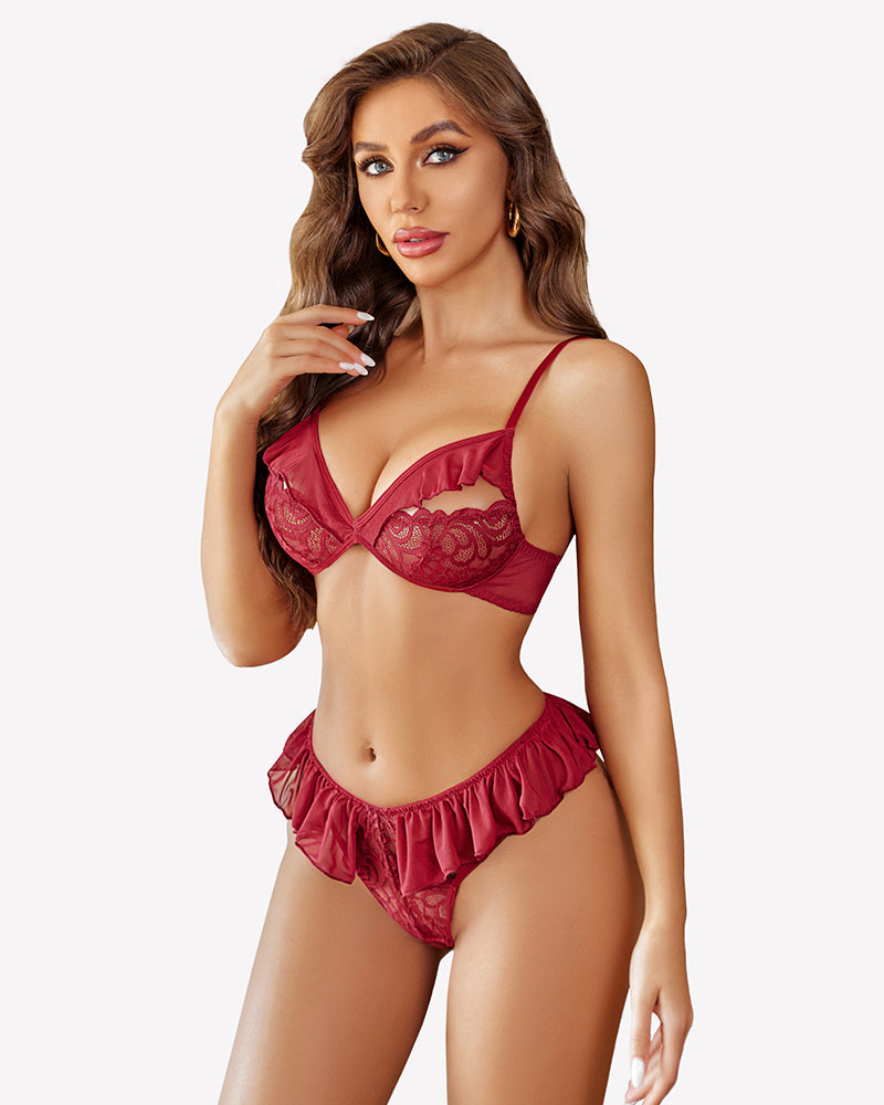 Lace Bra and Panty Sets Mesh Ruffle 2 Piece Lingerie Sets-Bra Sets - Tophatter Daily Deals