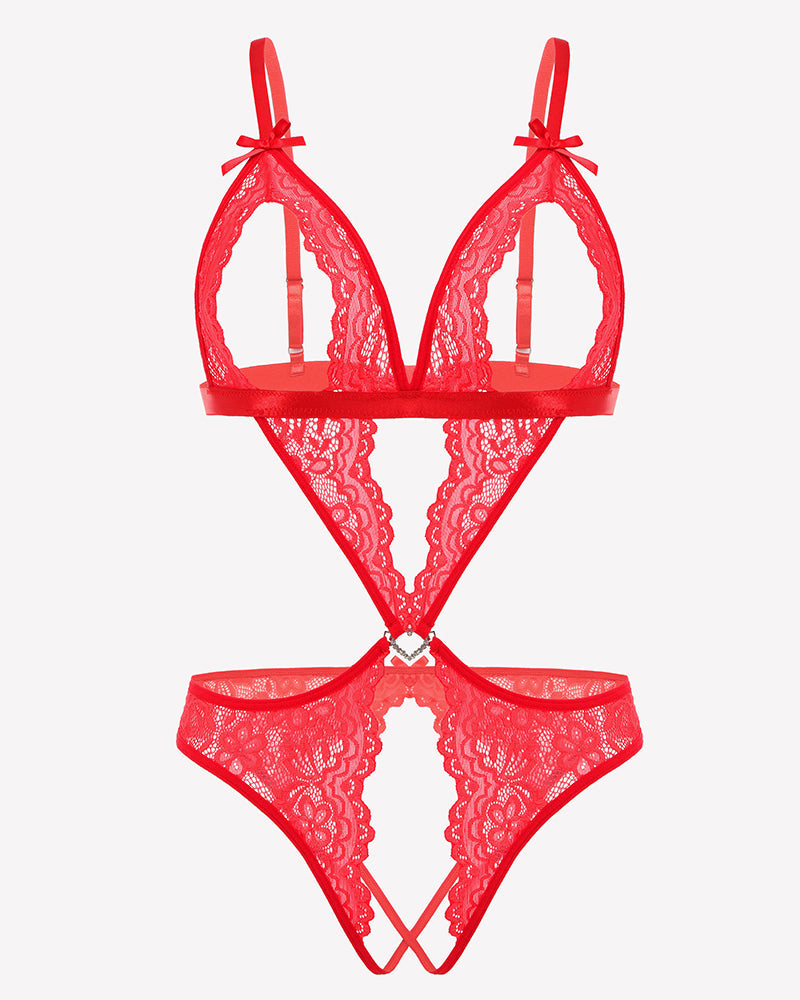 Lace Deep V Teddy Bodysuit Red Lingeries-Bodysuits - Tophatter Daily Deals