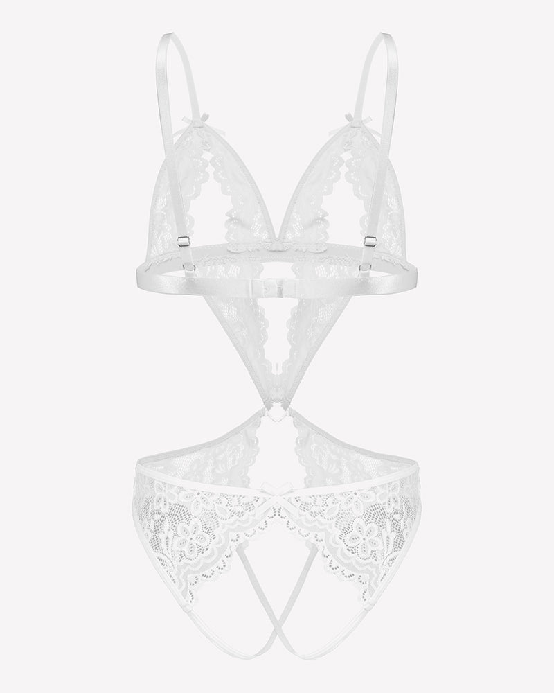 Lace Deep V Teddy Bodysuit White Lingeries-Bodysuits - Tophatter Daily Deals
