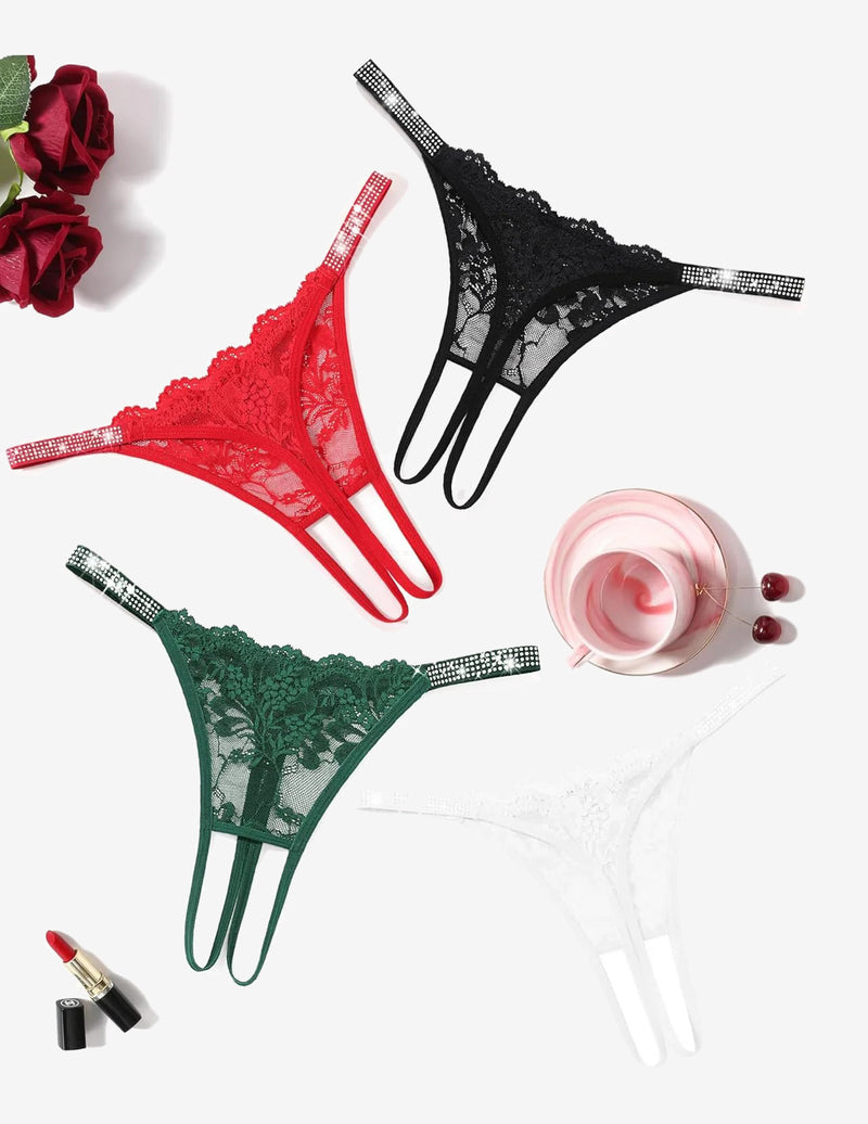 Floral Lace Briefs Rhinestones Strap Panties Black+red+green+lilac Lingeries-panties - Tophatter Daily Deals