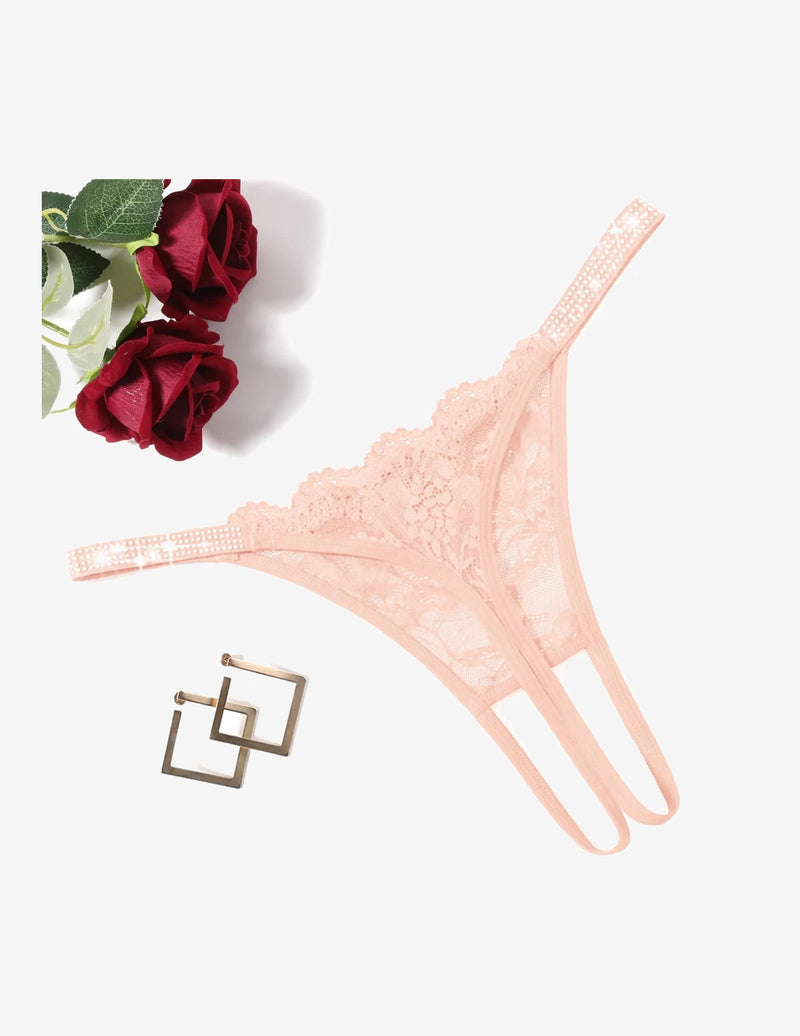Floral Lace Briefs Rhinestones Strap Panties Pink Lingeries-panties - Tophatter Daily Deals