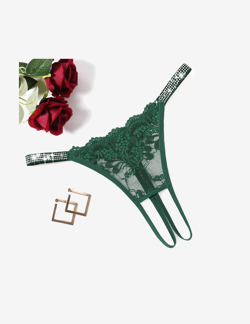 Floral Lace Briefs Rhinestones Strap Panties Green Lingeries-panties - Tophatter Daily Deals