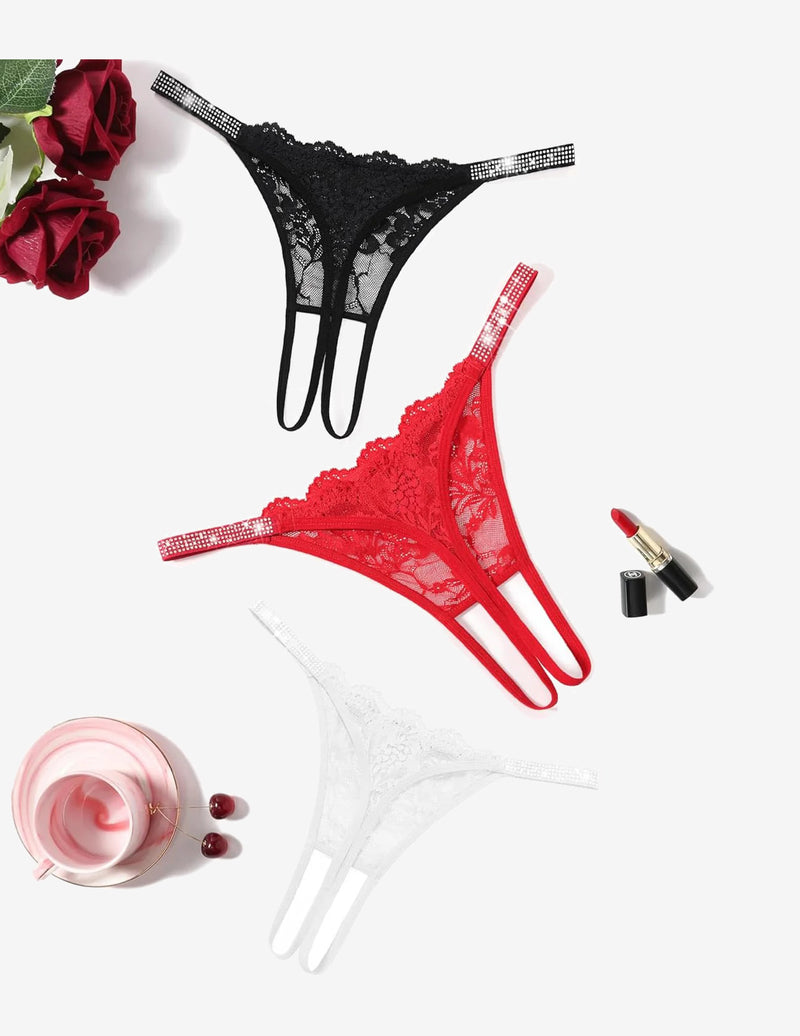 Floral Lace Briefs Rhinestones Strap Panties Black+red+white Lingeries-panties - Tophatter Daily Deals