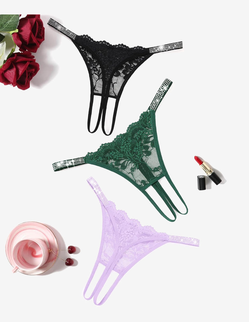 Floral Lace Briefs Rhinestones Strap Panties Black+green+lilac Lingeries-panties - Tophatter Daily Deals