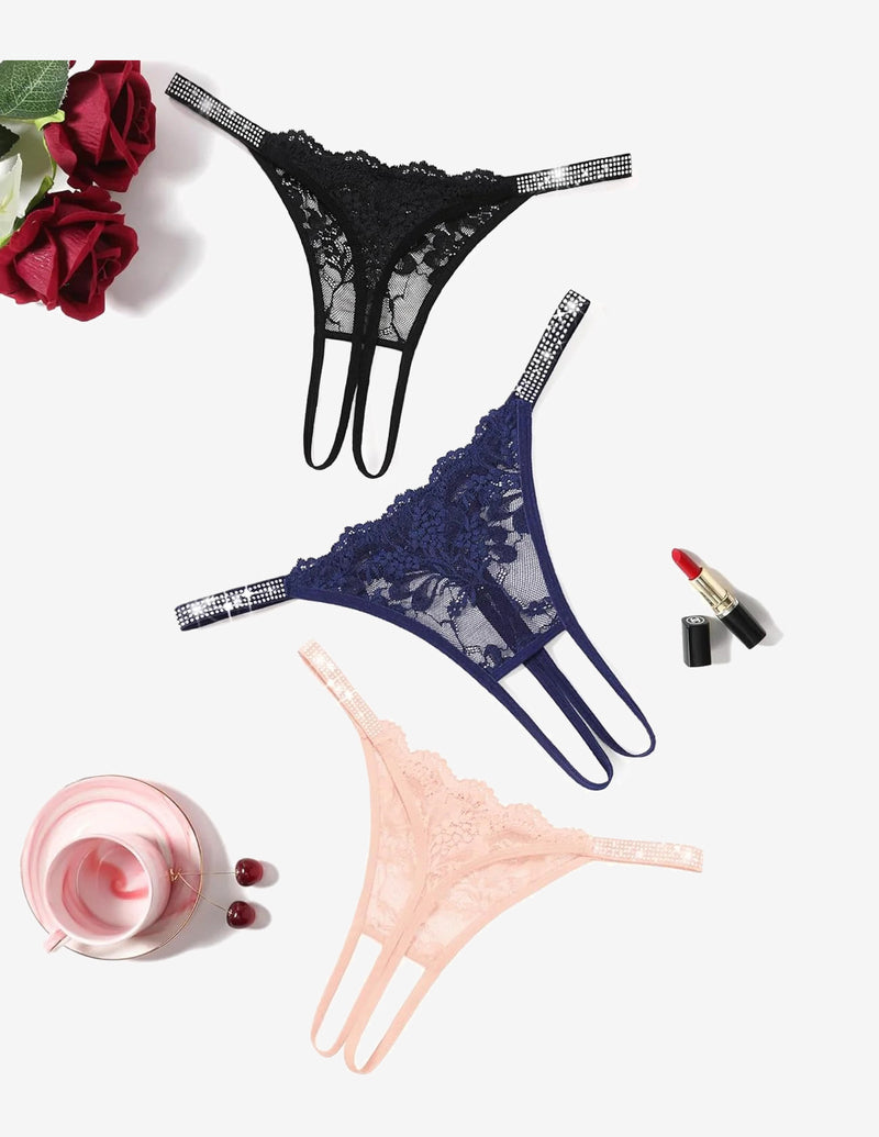 Floral Lace Briefs Rhinestones Strap Panties Black+navy Blue+pink Lingeries-panties - Tophatter Daily Deals