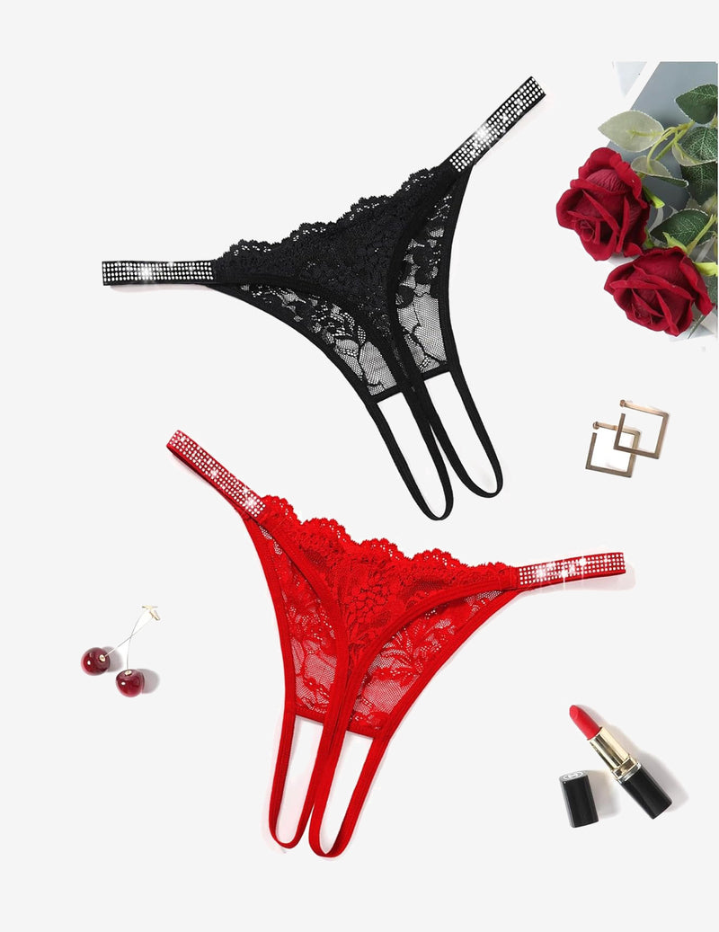 Floral Lace Briefs Rhinestones Strap Panties Black+red Lingeries-panties - Tophatter Daily Deals