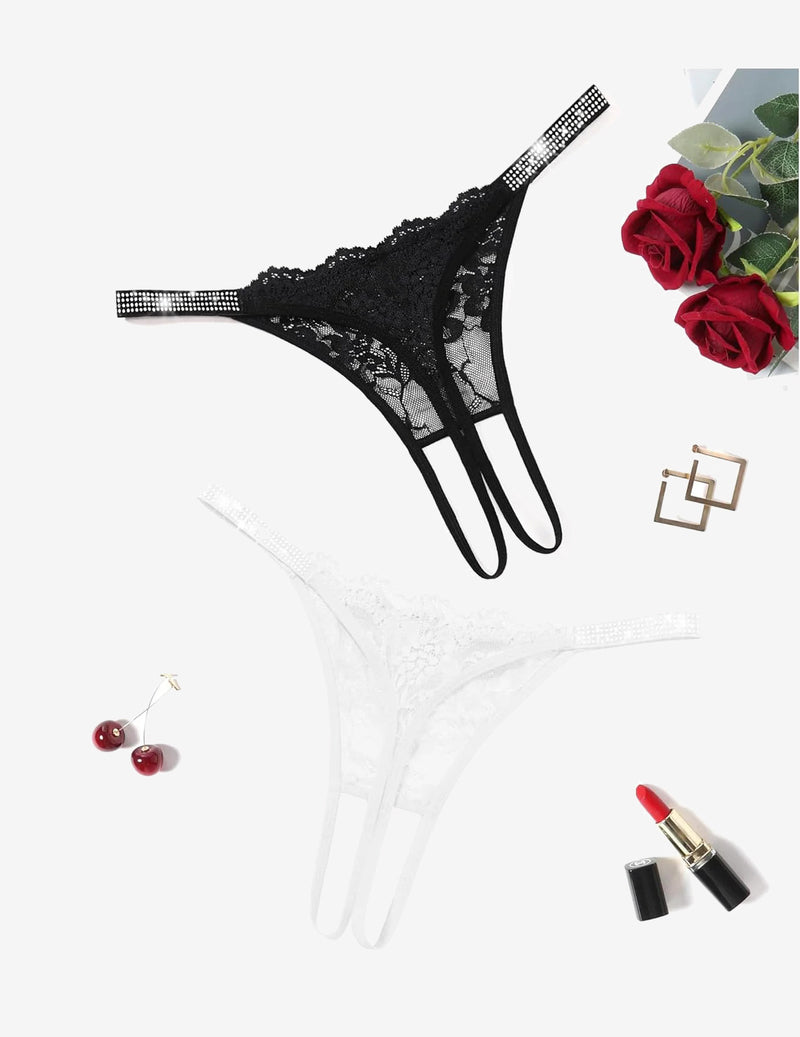 Floral Lace Briefs Rhinestones Strap Panties Black+white Lingeries-panties - Tophatter Daily Deals