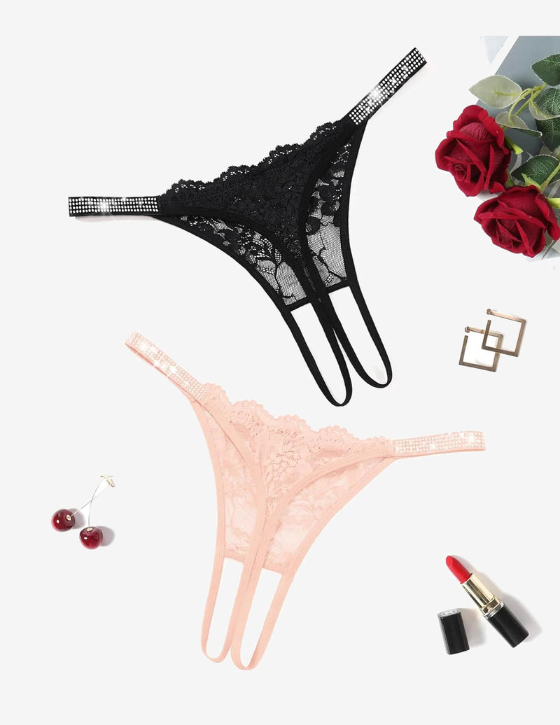 Floral Lace Briefs Rhinestones Strap Panties Black+pink Lingeries-panties - Tophatter Daily Deals