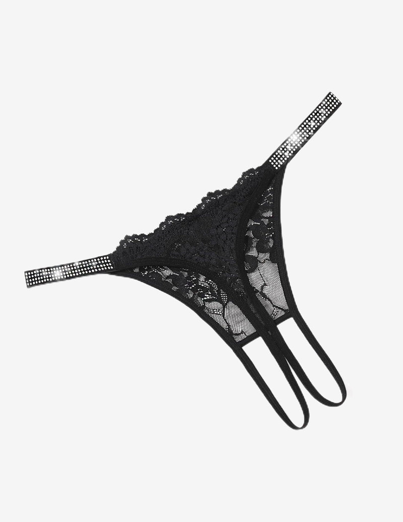 Floral Lace Briefs Rhinestones Strap Panties Black Lingeries-panties - Tophatter Daily Deals
