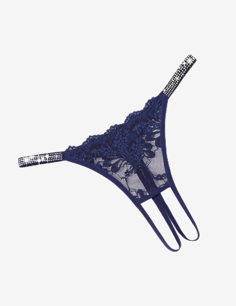 Floral Lace Briefs Rhinestones Strap Panties Navy Blue Lingeries-panties - Tophatter Daily Deals