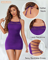 Backless Chemise Cotton Halter Dress Purple Lingeries-Chemises - Tophatter Daily Deals
