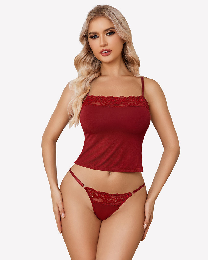 Cami Pajama Lace Trim Sleepwear Wine Red Lingerie Sets-Bra Sets - Tophatter Daily Deals