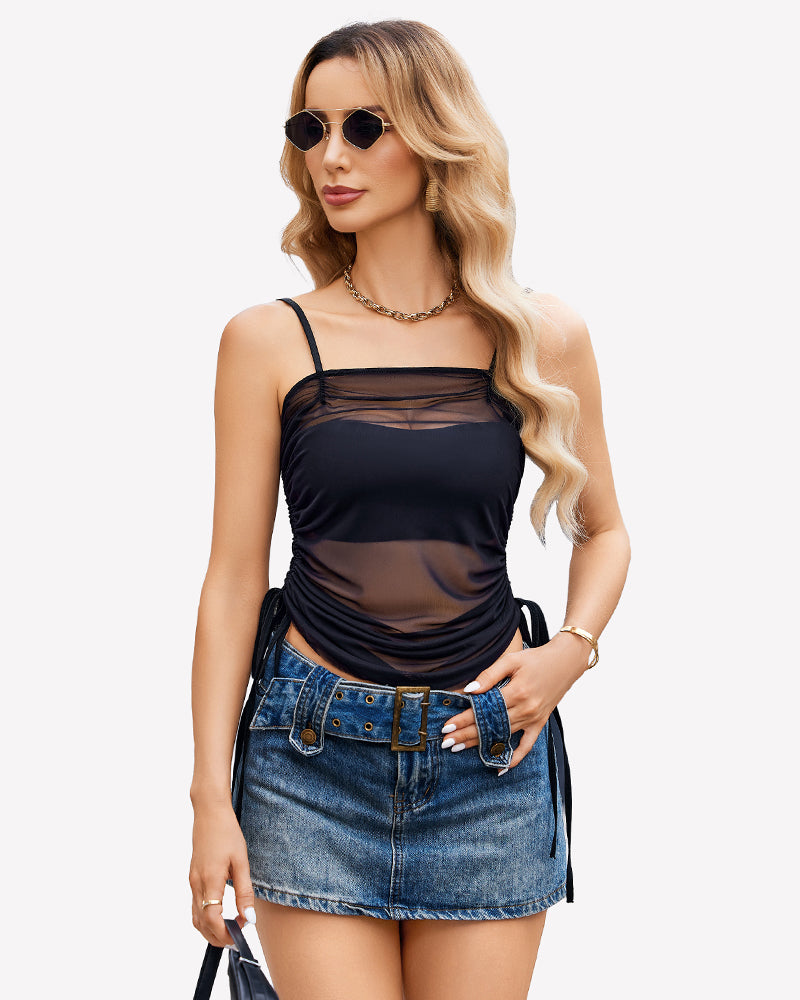 Side Drawstrings Mesh Sheer Tank Tops Black Lingeries-Crop tops - Tophatter Daily Deals