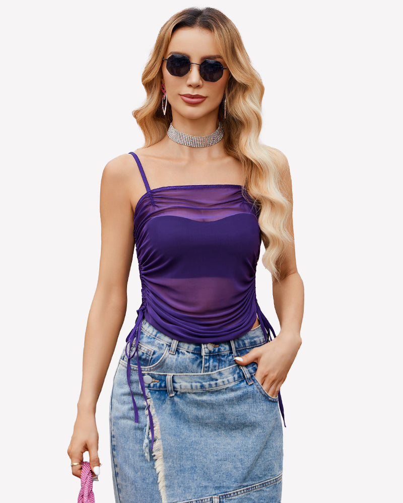 Side Drawstrings Mesh Sheer Tank Tops Lingeries-Crop tops - Tophatter Daily Deals