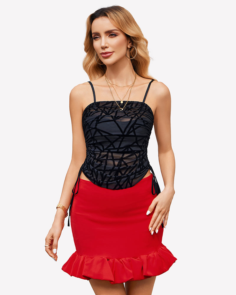 Side Drawstrings Mesh Sheer Tank Tops Black Geometry Lingeries-Crop tops - Tophatter Daily Deals