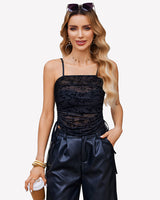 Side Drawstrings Mesh Sheer Tank Tops Black Leaf Lingeries-Crop tops - Tophatter Daily Deals