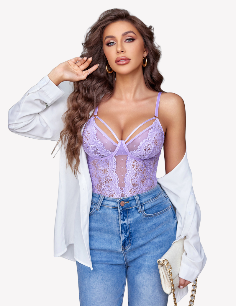 Floral Lace Bodysuit Ruffle Wireless Teddy Lilac Lingeries-Bodysuits - Tophatter Daily Deals