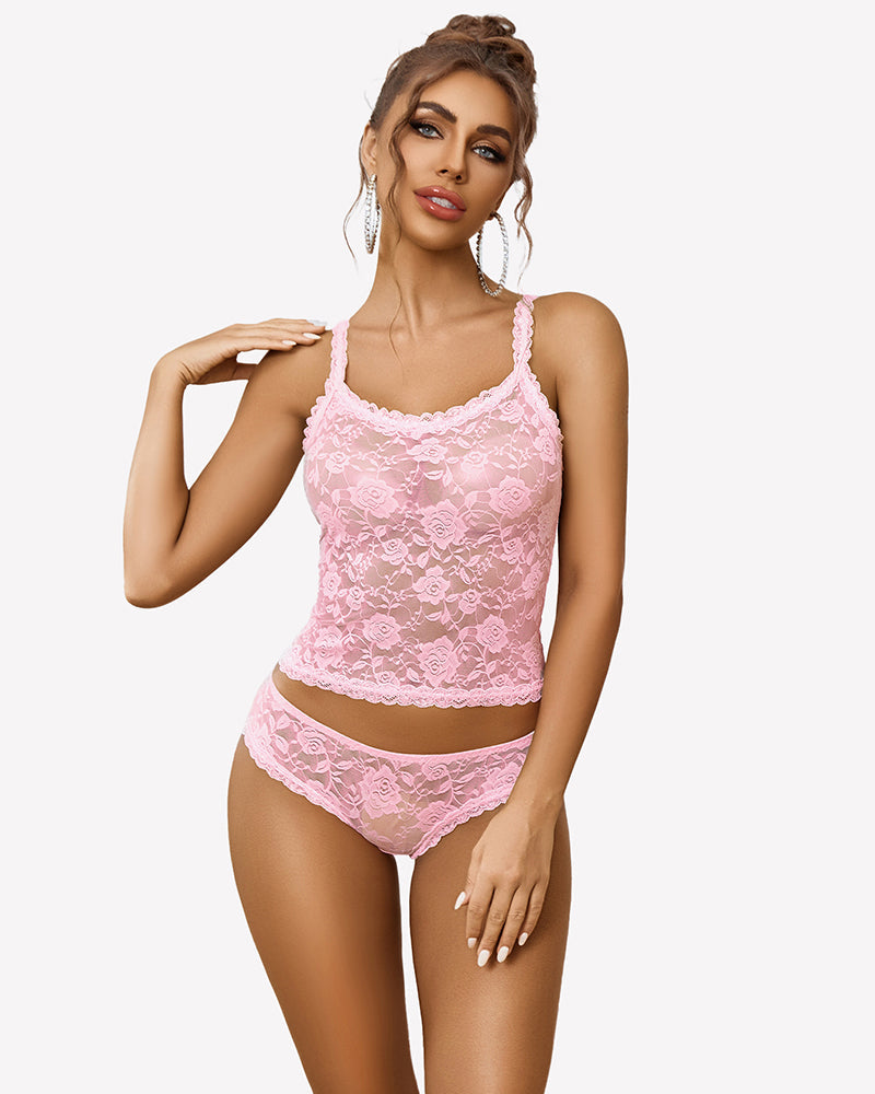 Floral Lace Lingerie Set Sheer Lace Shorts PJ Set Pink Sleepwears-Pajamas Sets - Tophatter Daily Deals
