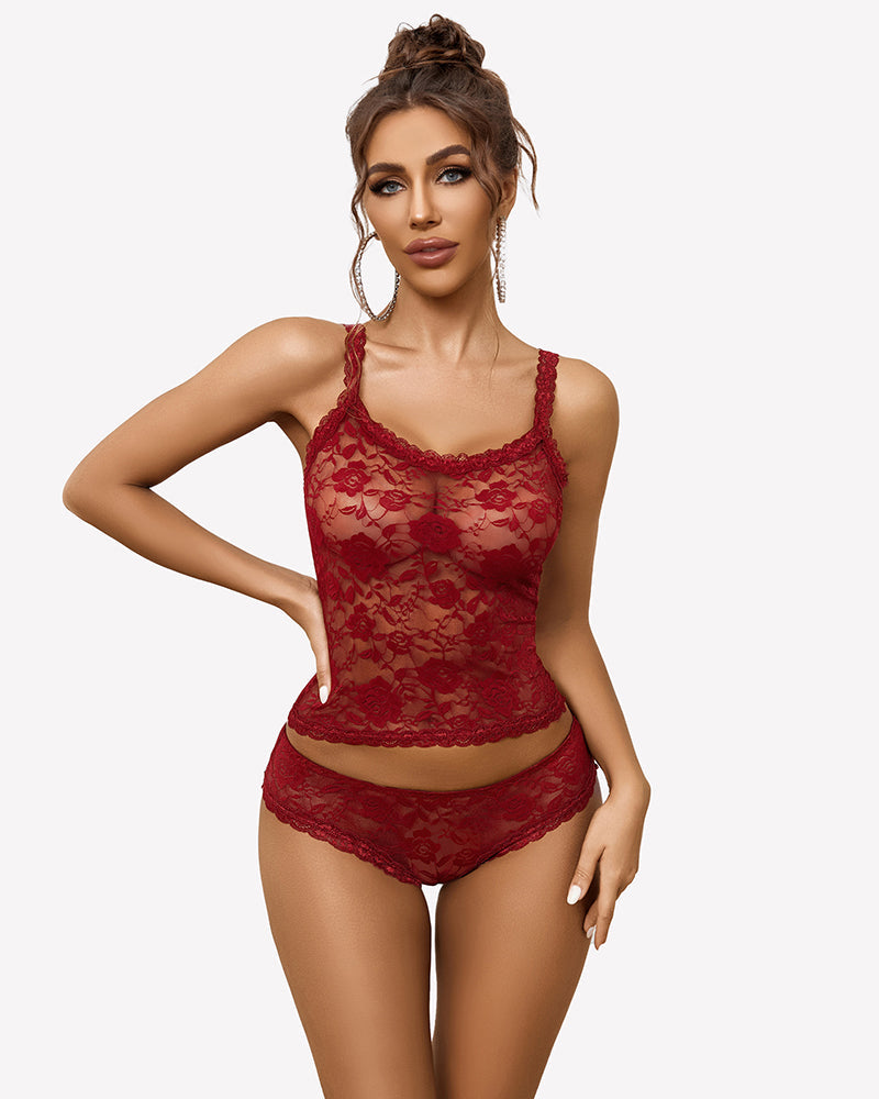 Floral Lace Lingerie Set Sheer Lace Shorts PJ Set Wine Red Sleepwears-Pajamas Sets - Tophatter Daily Deals