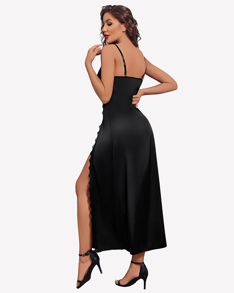 Satin V Neck Side Split Nightgown Sleepwears-nightgowns - Tophatter Daily Deals