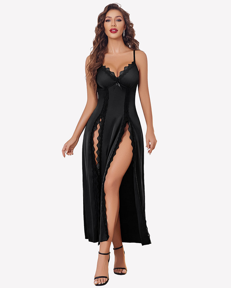 Satin V Neck Side Split Nightgown Black Sleepwears-nightgowns - Tophatter Daily Deals