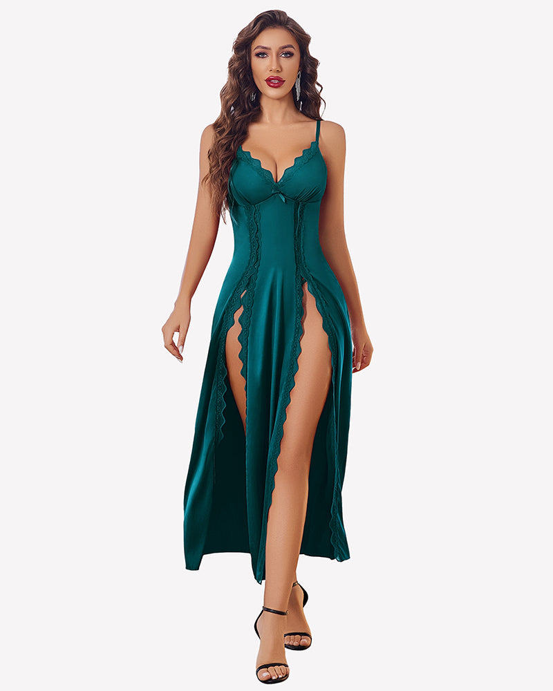 Satin V Neck Side Split Nightgown Blue Green Sleepwears-nightgowns - Tophatter Daily Deals