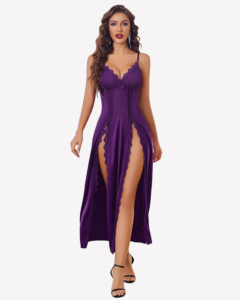 Satin V Neck Side Split Nightgown Purple Sleepwears-nightgowns - Tophatter Daily Deals