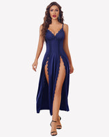 Satin V Neck Side Split Nightgown Navy Blue Sleepwears-nightgowns - Tophatter Daily Deals