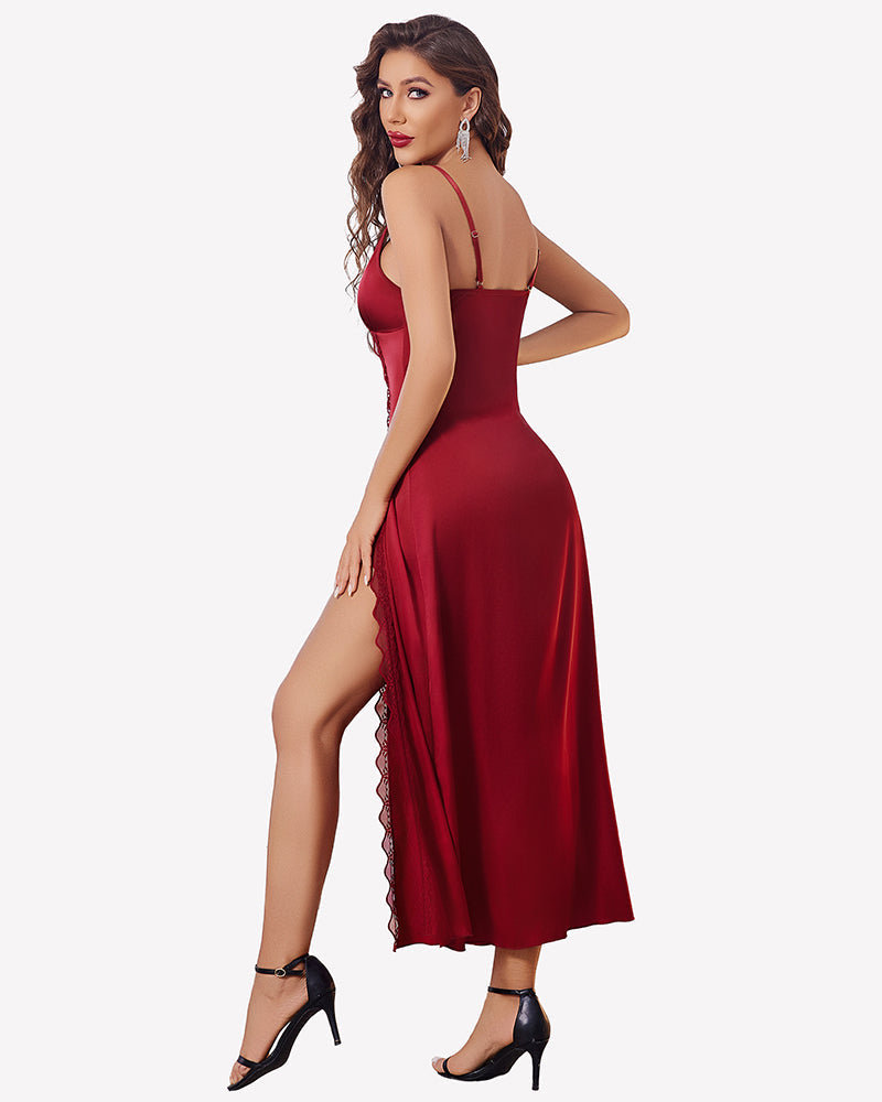 Satin V Neck Side Split Nightgown Sleepwears-nightgowns - Tophatter Daily Deals