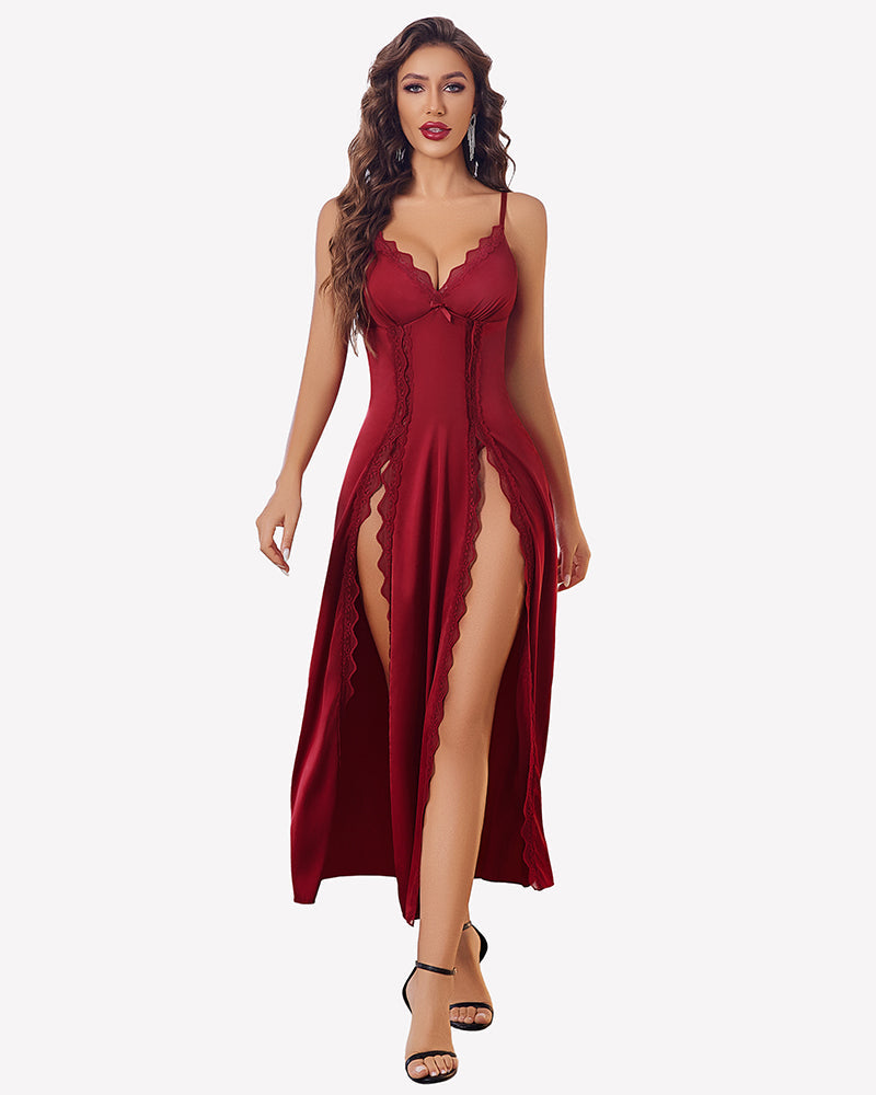 Satin V Neck Side Split Nightgown Wine Red Sleepwears-nightgowns - Tophatter Daily Deals