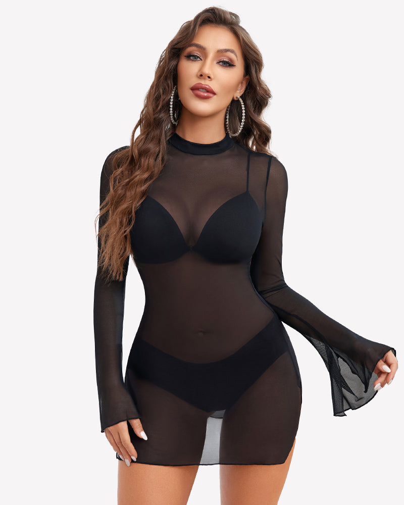 Mesh Bell Sleeves Bodycon Dress Black Lingeries-Chemises - Tophatter Daily Deals