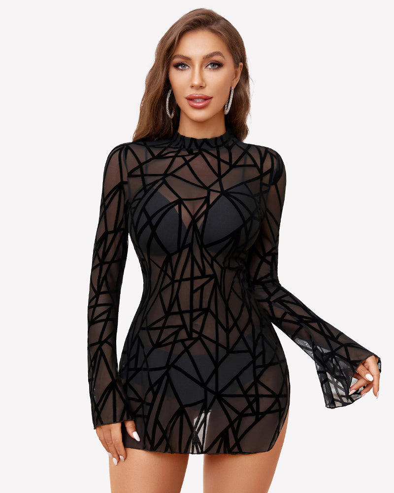 Mesh Bell Sleeves Bodycon Dress Black Pattern Lingeries-Chemises - Tophatter Daily Deals