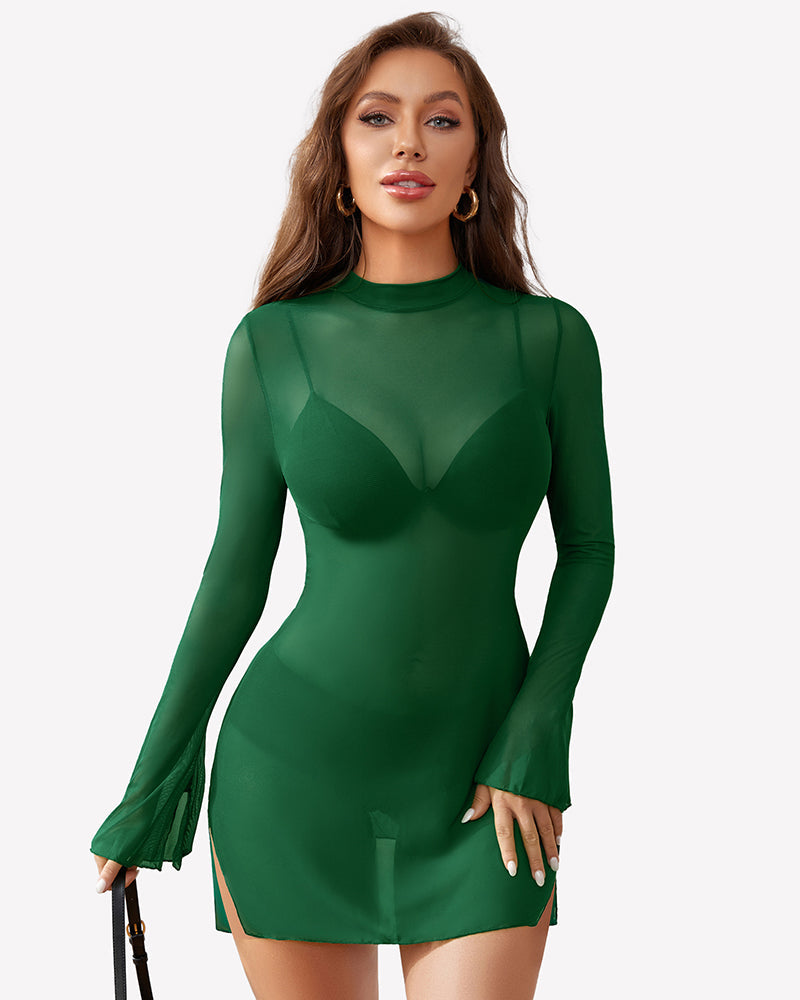 Mesh Bell Sleeves Bodycon Dress Green Lingeries-Chemises - Tophatter Daily Deals