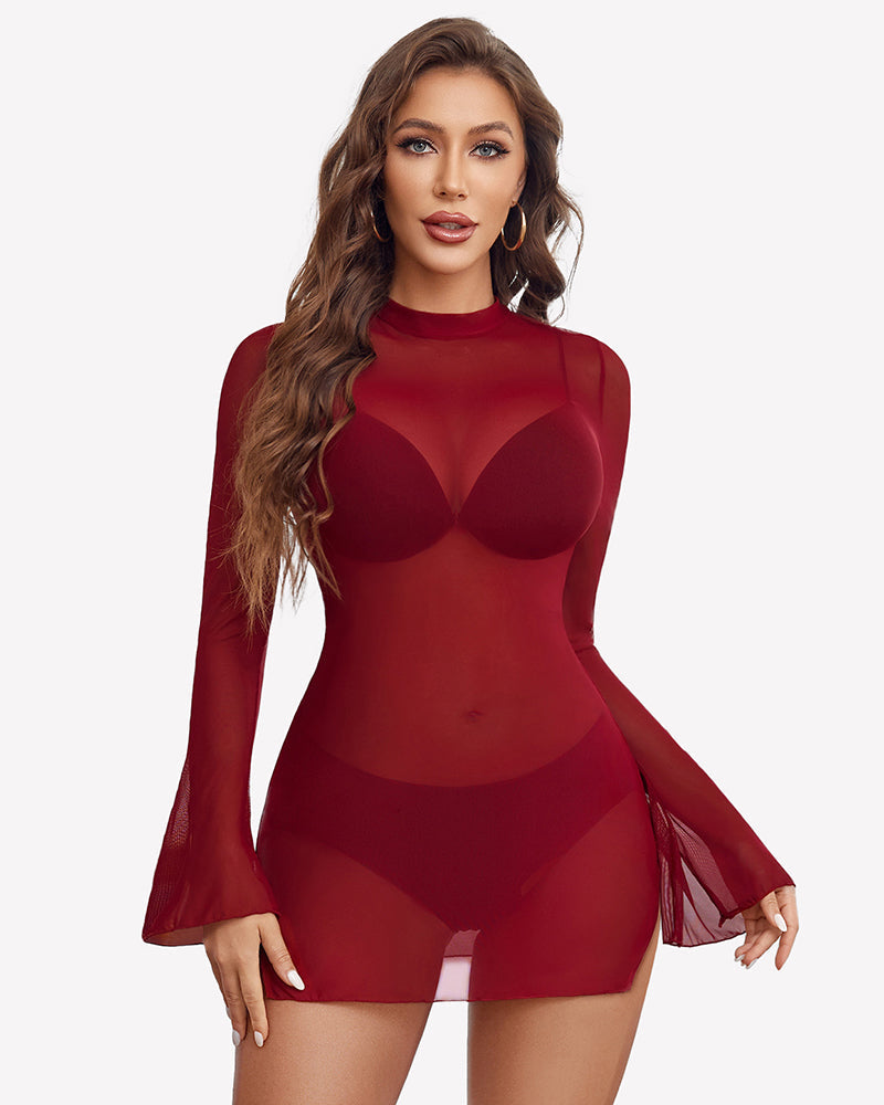 Mesh Bell Sleeves Bodycon Dress Wine Red Lingeries-Chemises - Tophatter Daily Deals