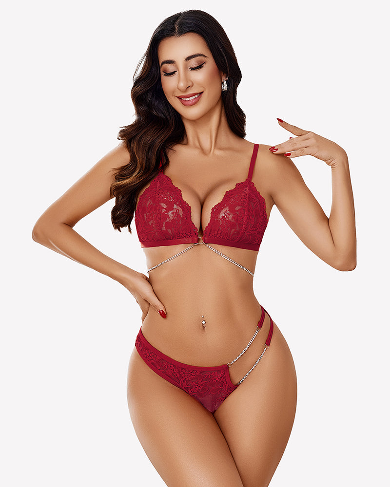 2 Piece Lace Lingerie Set with Chain Wine Red Lingerie Sets-Bra Sets - Tophatter Daily Deals