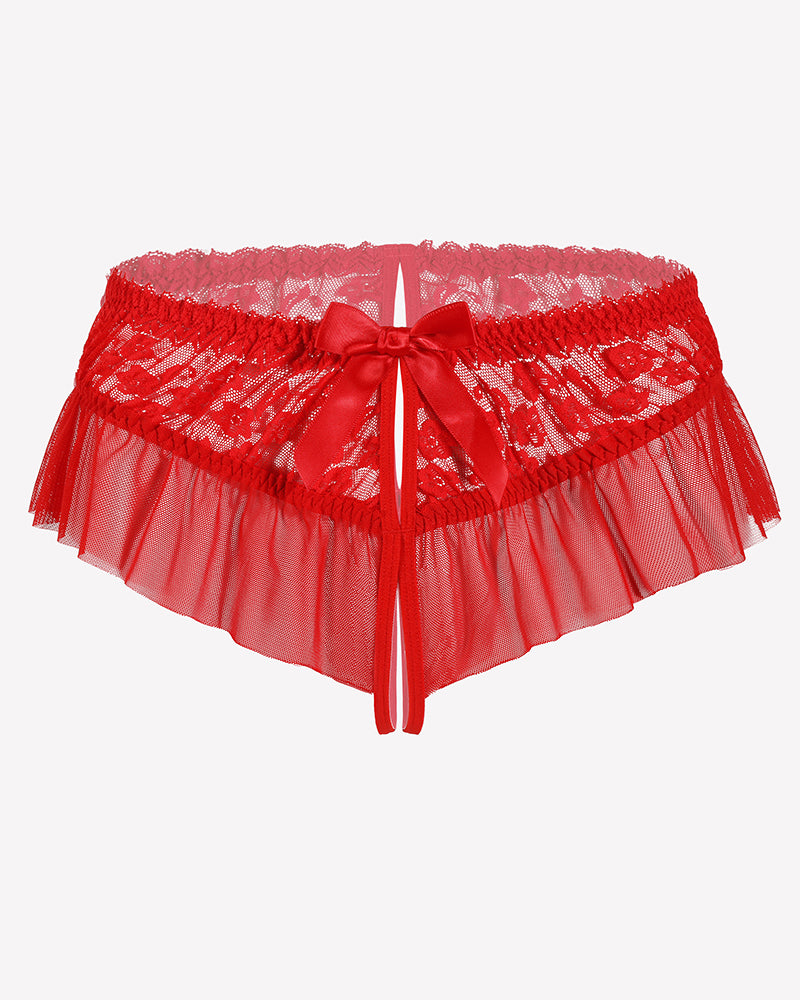 Floral Lace Briefs with Cute Bow Carmine Red Lingeries-panties - Tophatter Daily Deals