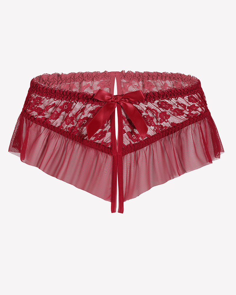Floral Lace Briefs with Cute Bow Dark Red Lingeries-panties - Tophatter Daily Deals